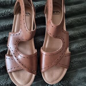 Earth Brown Leather Cutout Wedge Sandals